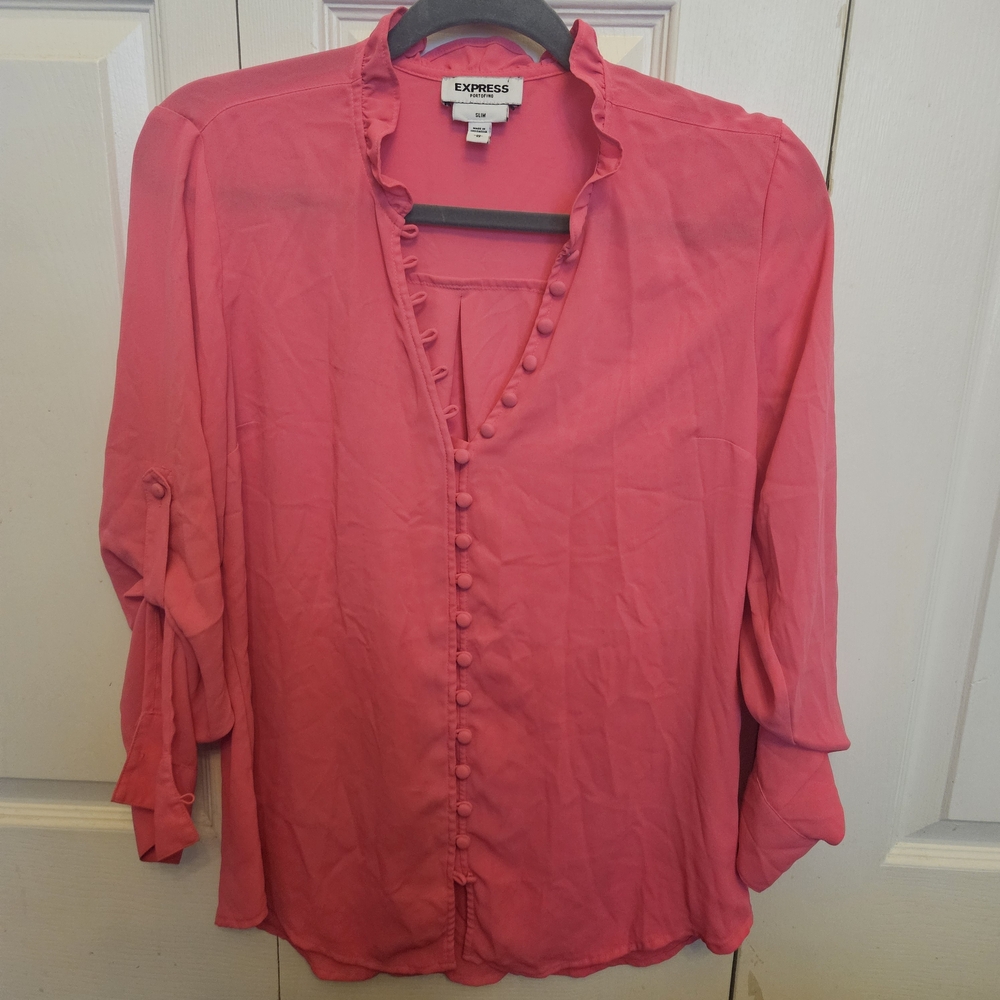 Express Women's Pink Ruffle Button Blouse